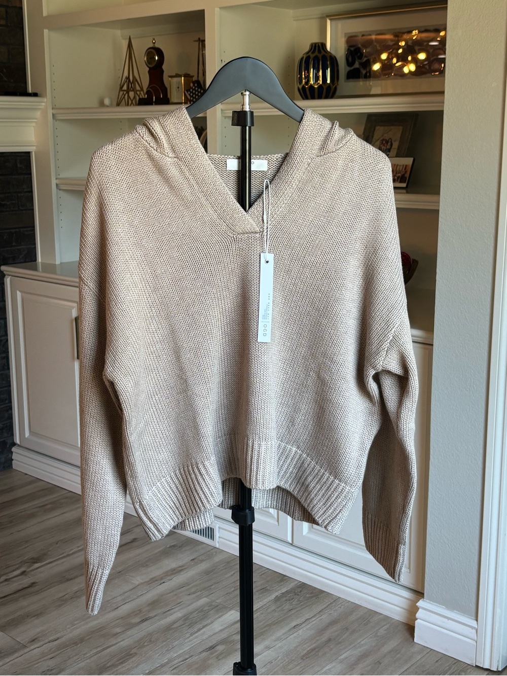 Revolve One Grey Day Women's Hooded Knit Pullover Sweater in Light Beige